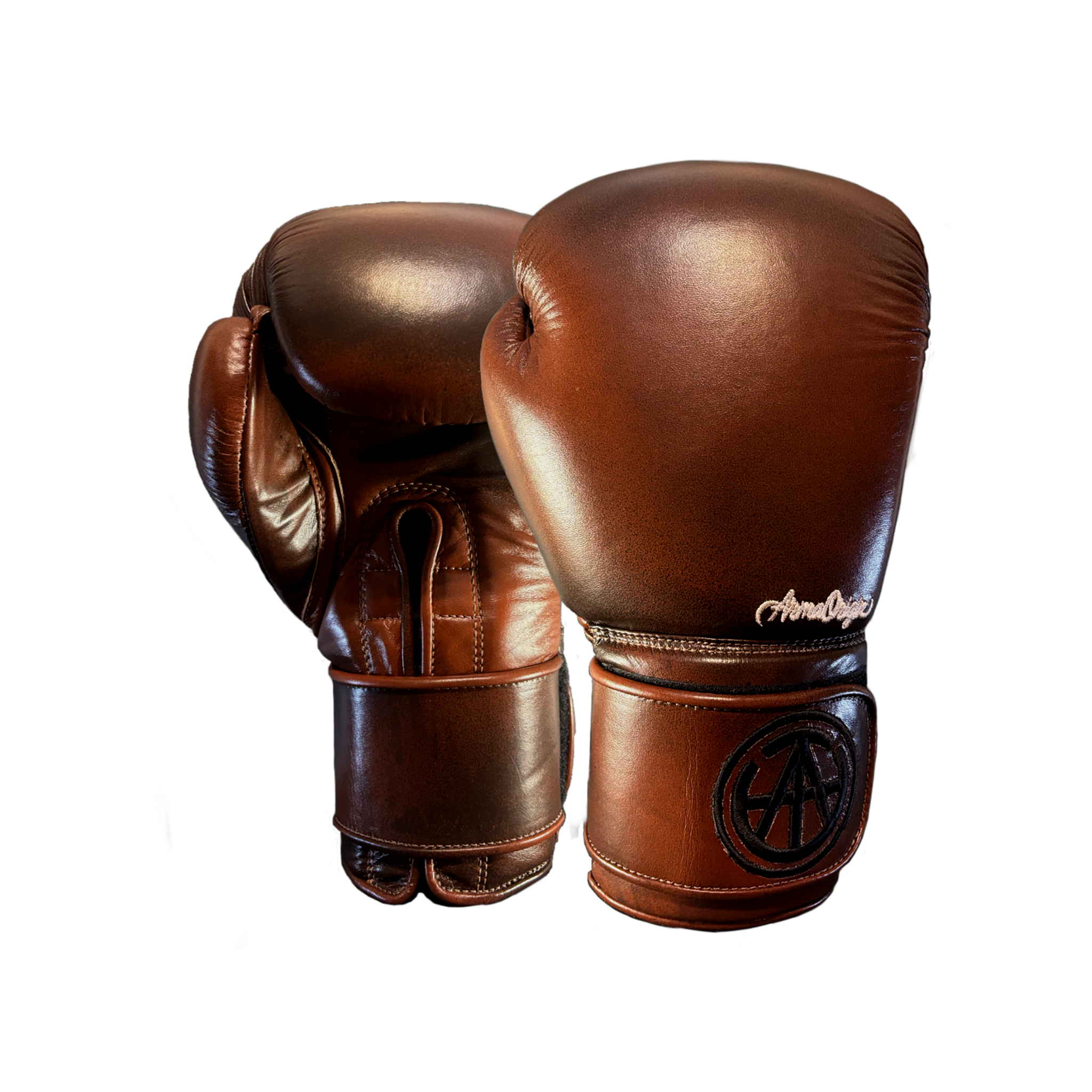 Pair of Arma Origin premium brown leather hook and loop 16 oz boxing gloves
