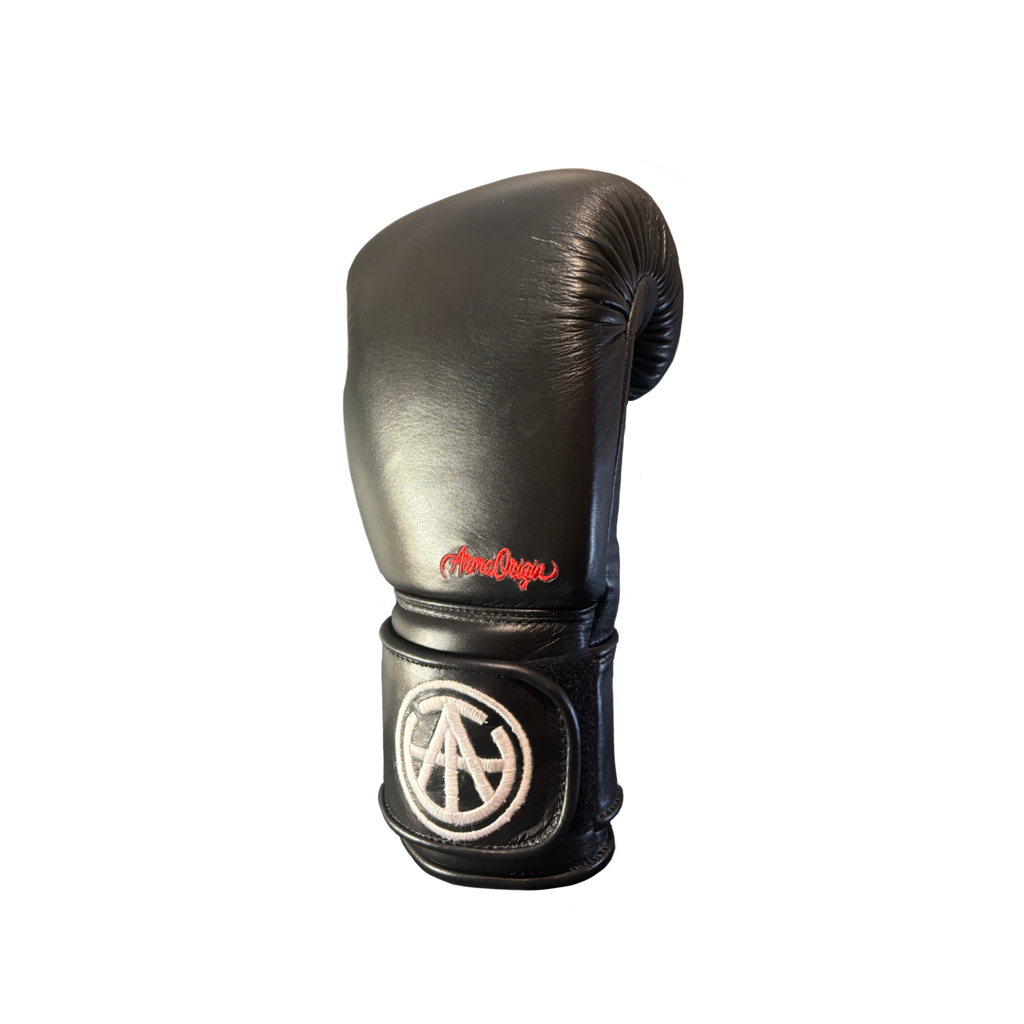 Pair of Arma Origin premium black leather hook and loop 16 oz boxing gloves