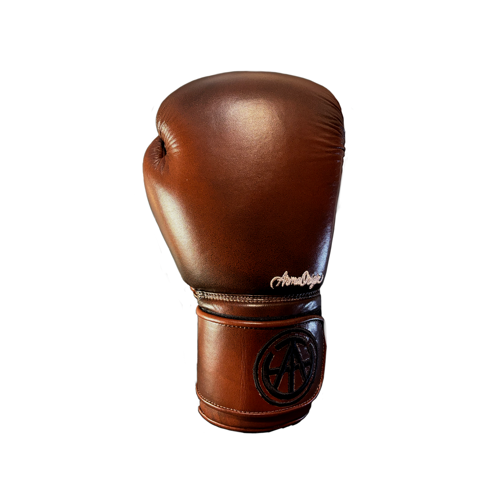 Pair of Arma Origin premium brown leather hook and loop 16 oz boxing gloves